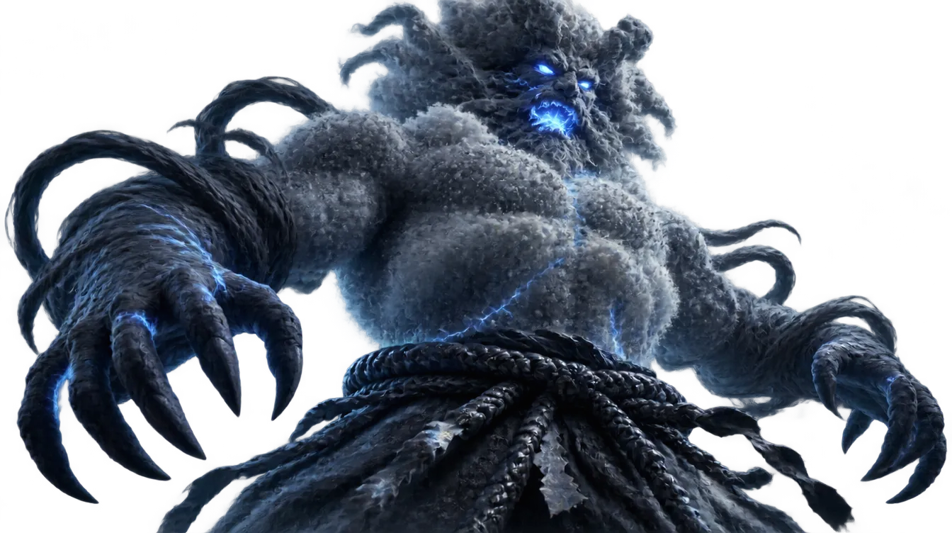 Arashi-no-Kami, dewa badai dari awan dan es, mata petir biru menatap ke bawah.