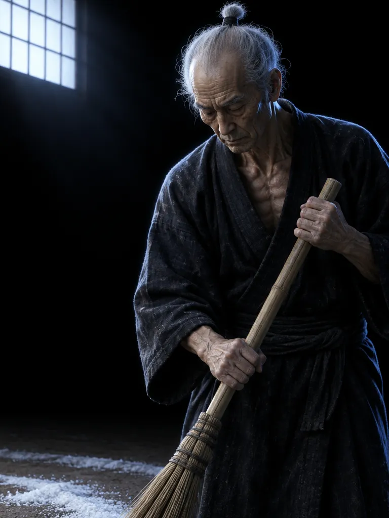 Oyakata Genzō menyapu garam dari lantai tanah liat dengan sapu bambu.